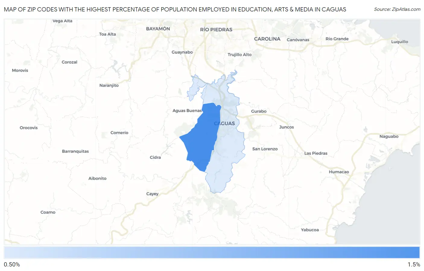 Zip Codes with the Highest Percentage of Population Employed in Education, Arts & Media in Caguas Map