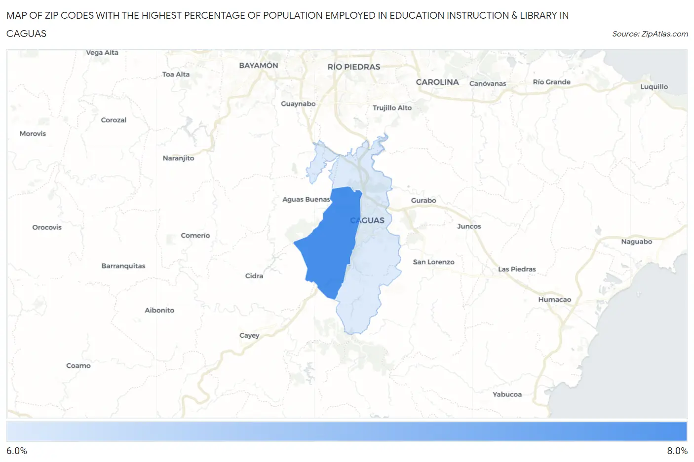 Zip Codes with the Highest Percentage of Population Employed in Education Instruction & Library in Caguas Map
