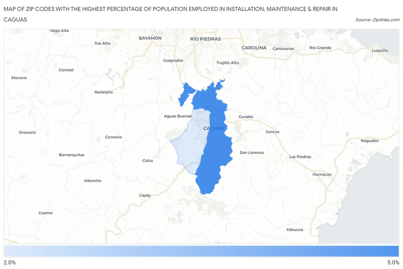 Zip Codes with the Highest Percentage of Population Employed in Installation, Maintenance & Repair in Caguas Map