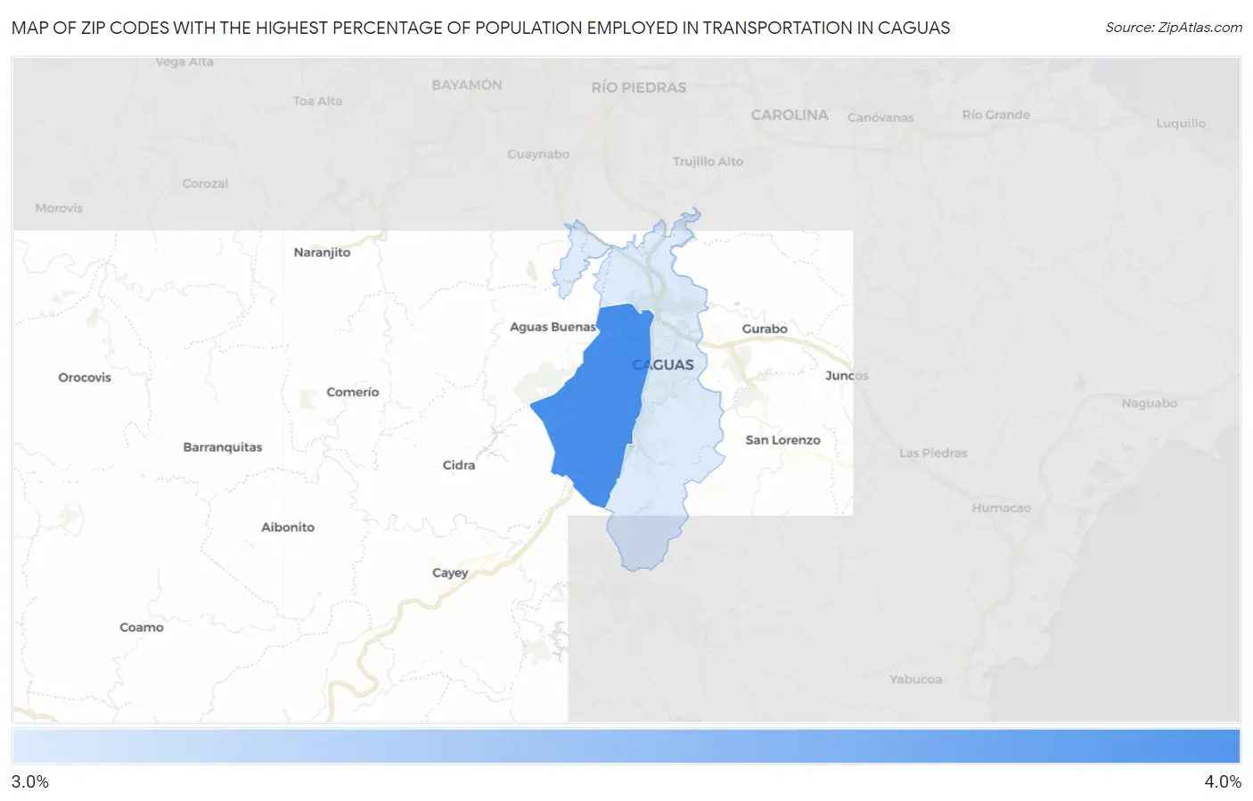 Zip Codes with the Highest Percentage of Population Employed in Transportation in Caguas Map