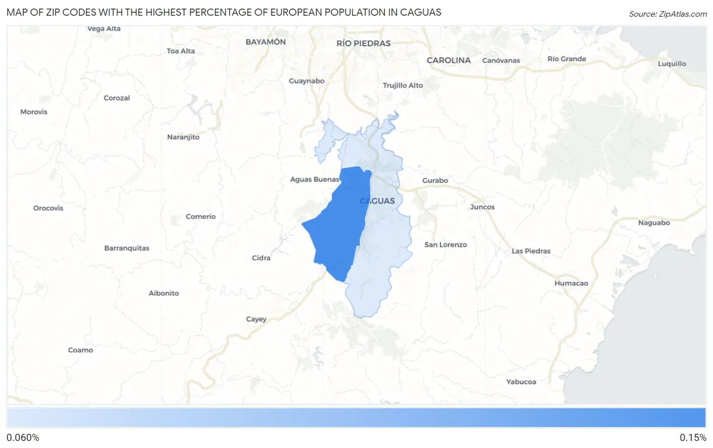 Zip Codes with the Highest Percentage of European Population in Caguas Map
