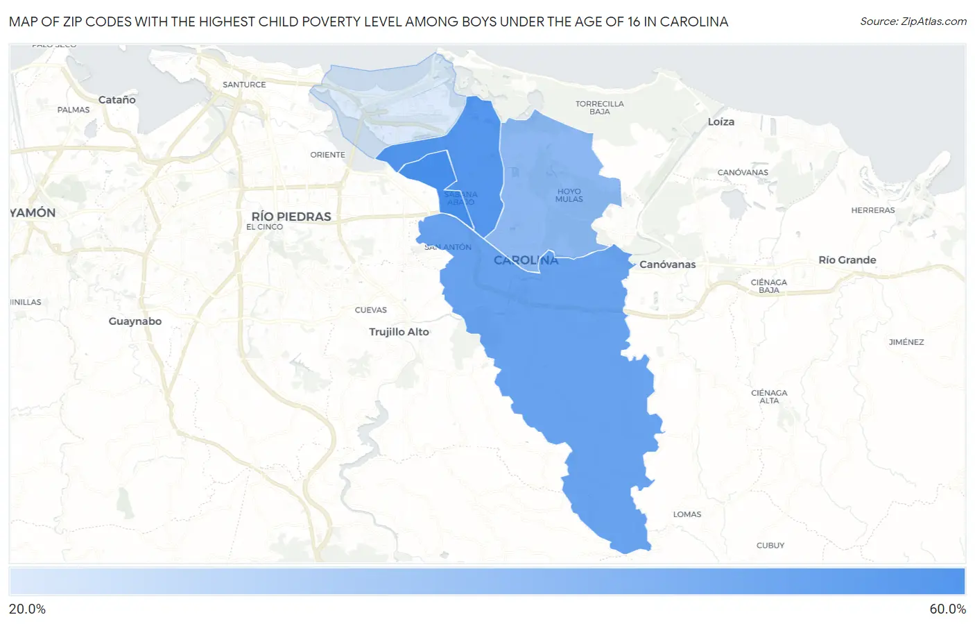 Zip Codes with the Highest Child Poverty Level Among Boys Under the Age of 16 in Carolina Map
