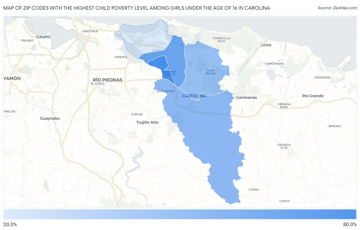 Zip Codes with the Highest Child Poverty Level Among Girls Under the Age of 16 in Carolina Map