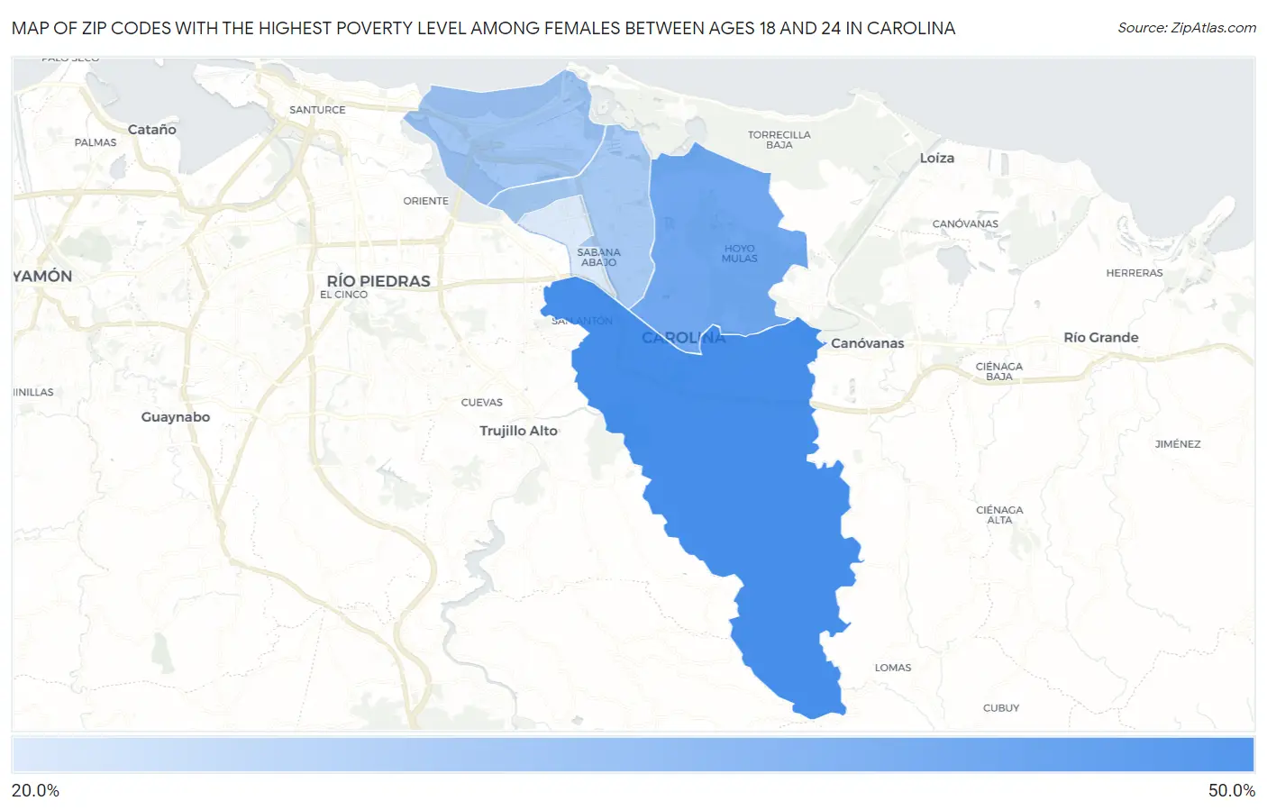 Zip Codes with the Highest Poverty Level Among Females Between Ages 18 and 24 in Carolina Map