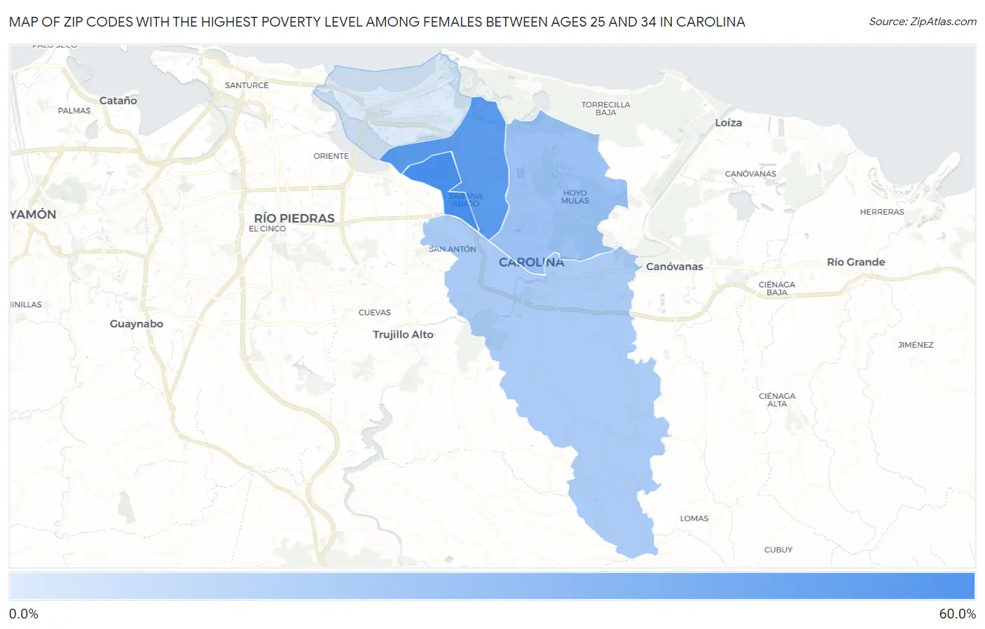 Zip Codes with the Highest Poverty Level Among Females Between Ages 25 and 34 in Carolina Map