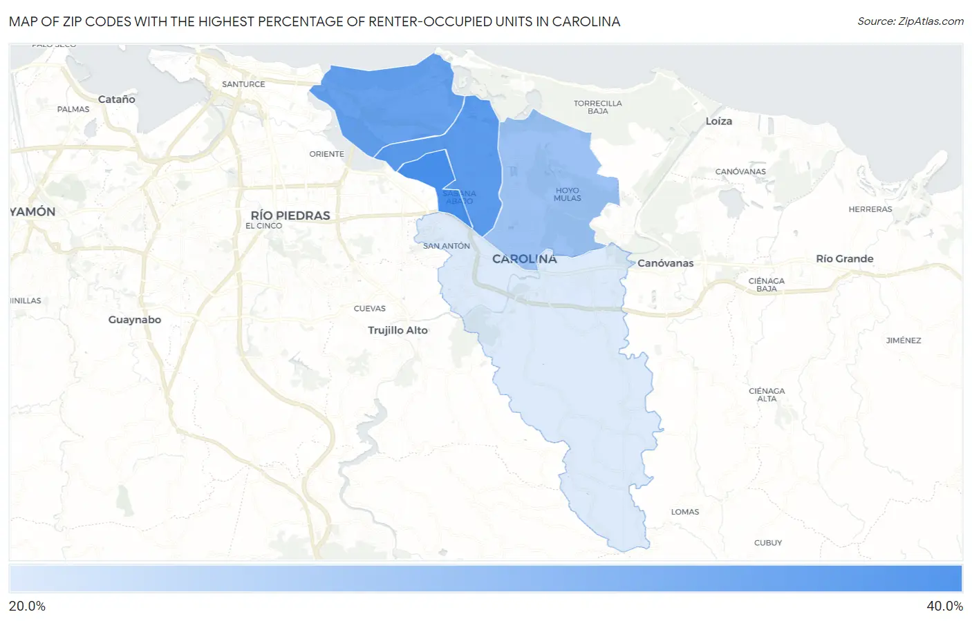 Zip Codes with the Highest Percentage of Renter-Occupied Units in Carolina Map