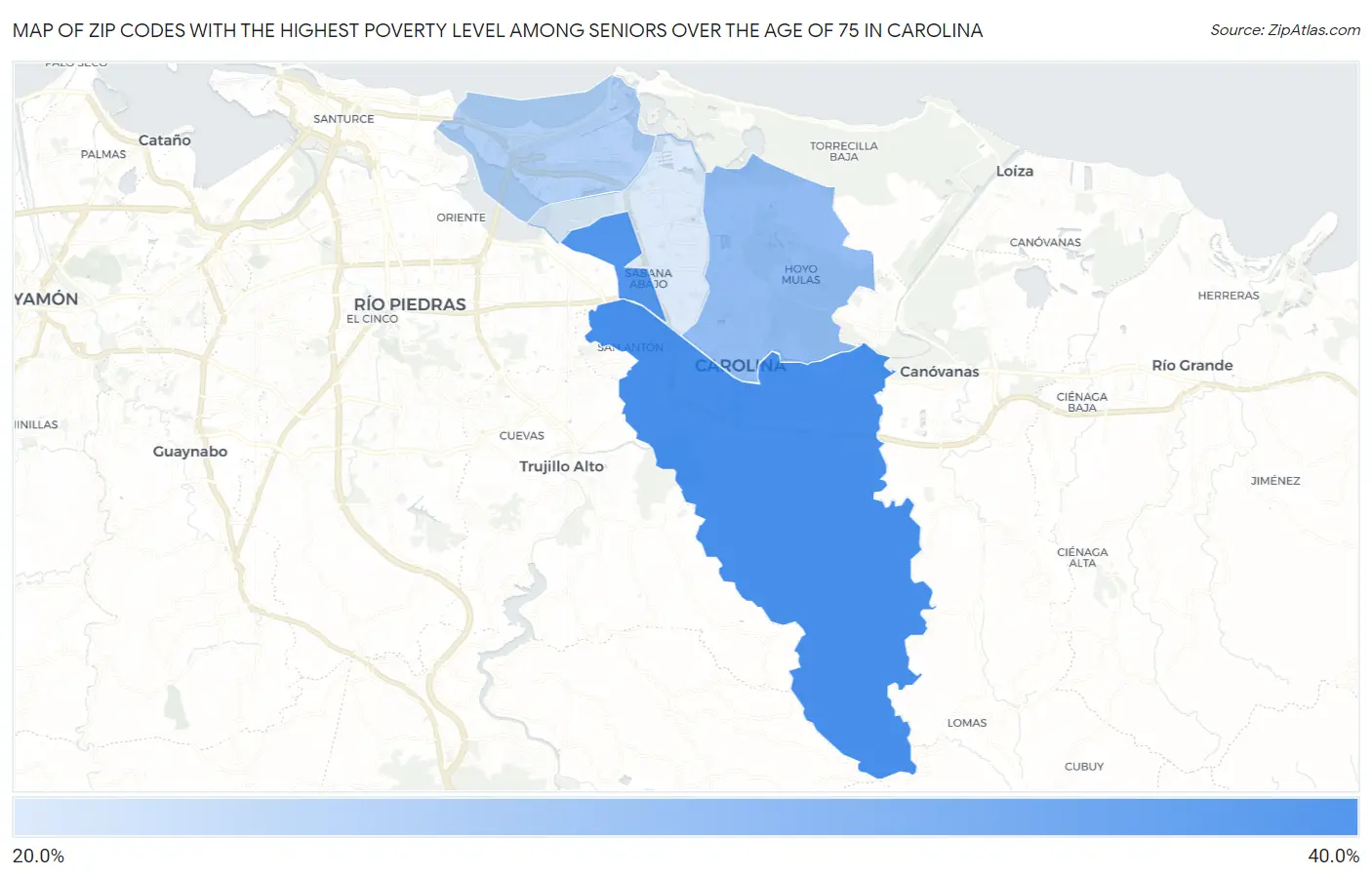 Zip Codes with the Highest Poverty Level Among Seniors Over the Age of 75 in Carolina Map