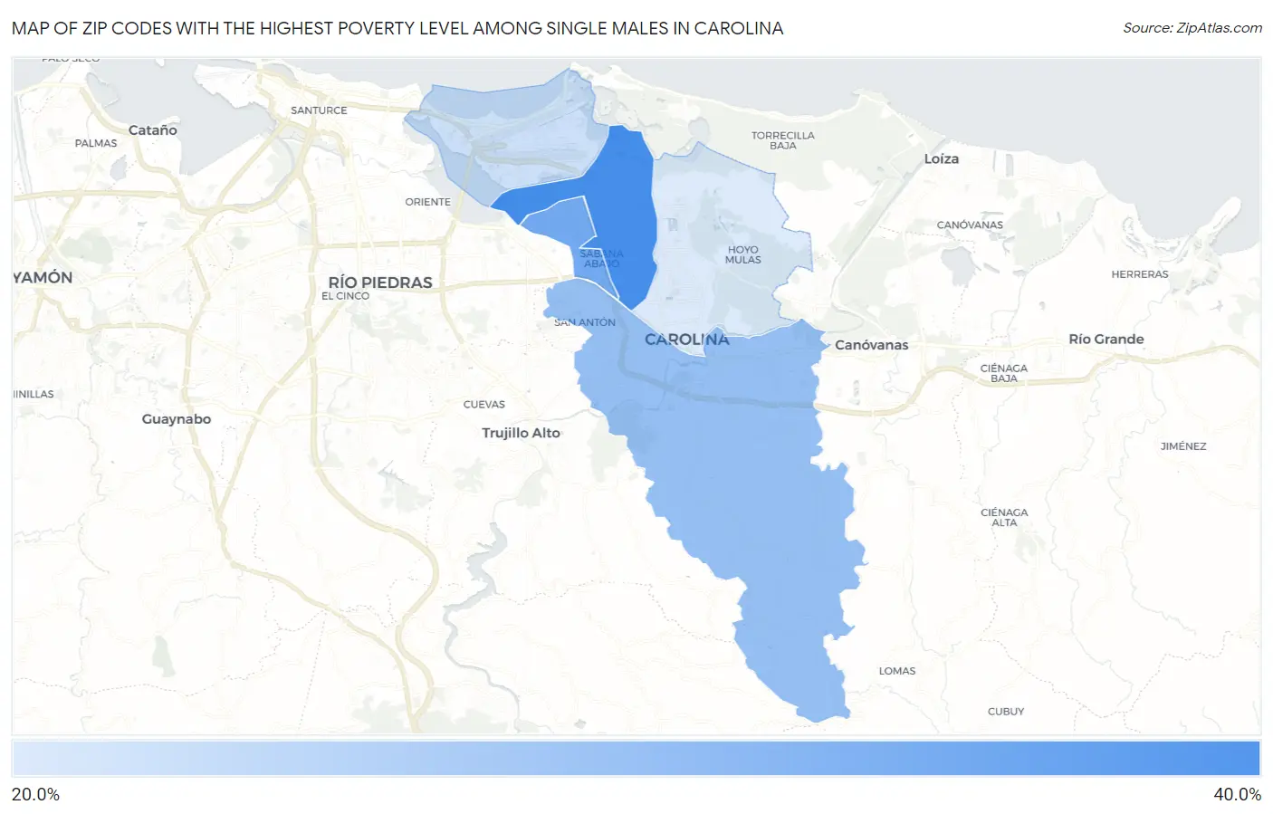 Zip Codes with the Highest Poverty Level Among Single Males in Carolina Map