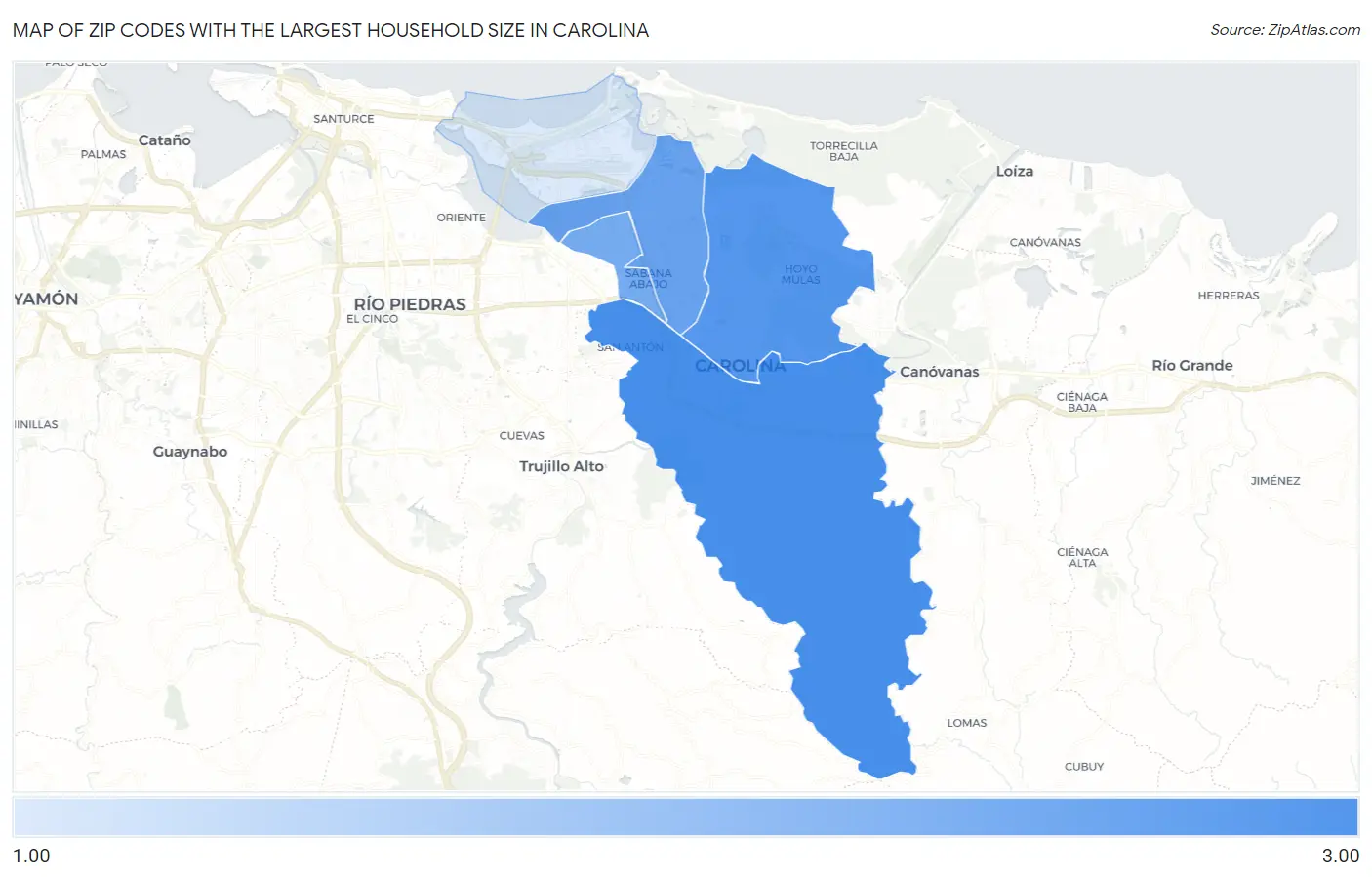 Zip Codes with the Largest Household Size in Carolina Map
