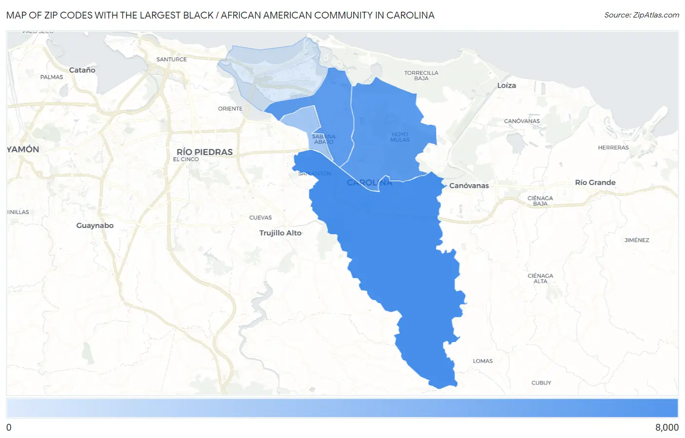 Zip Codes with the Largest Black / African American Community in Carolina Map
