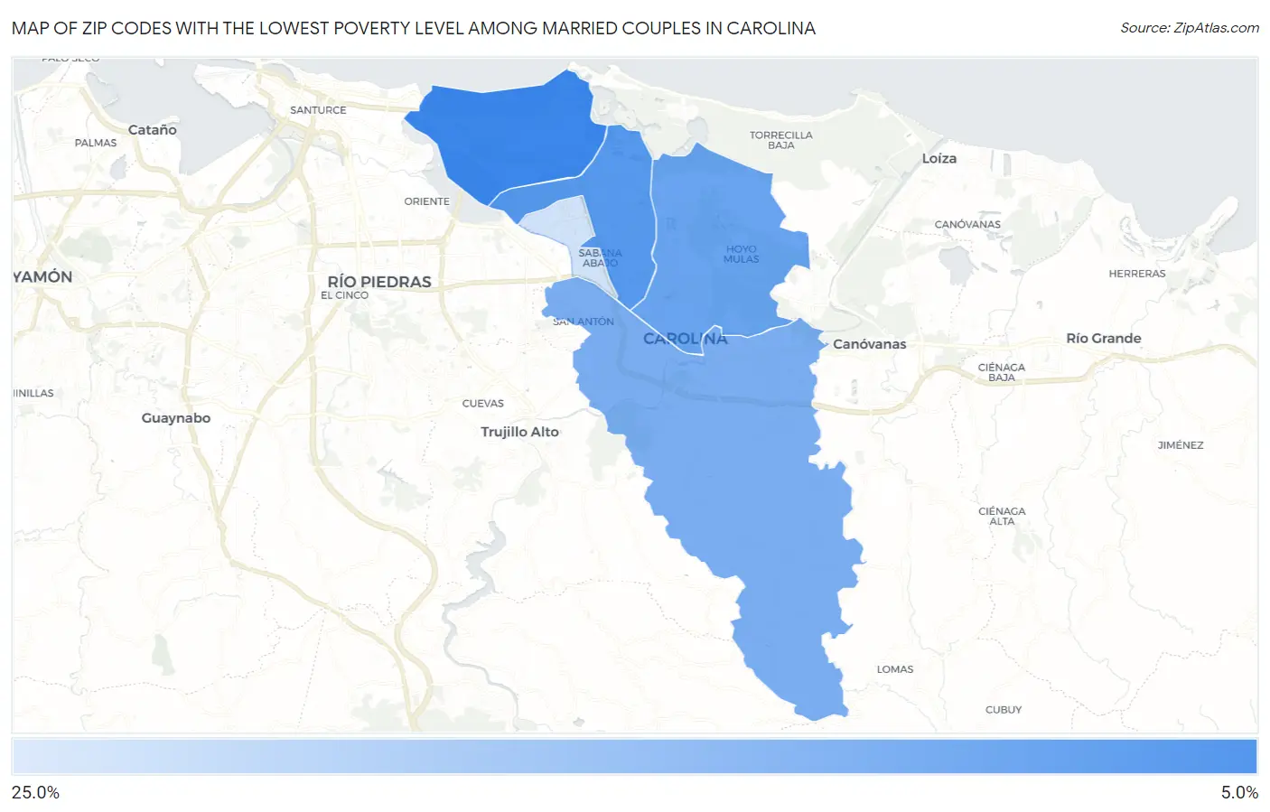Zip Codes with the Lowest Poverty Level Among Married Couples in Carolina Map