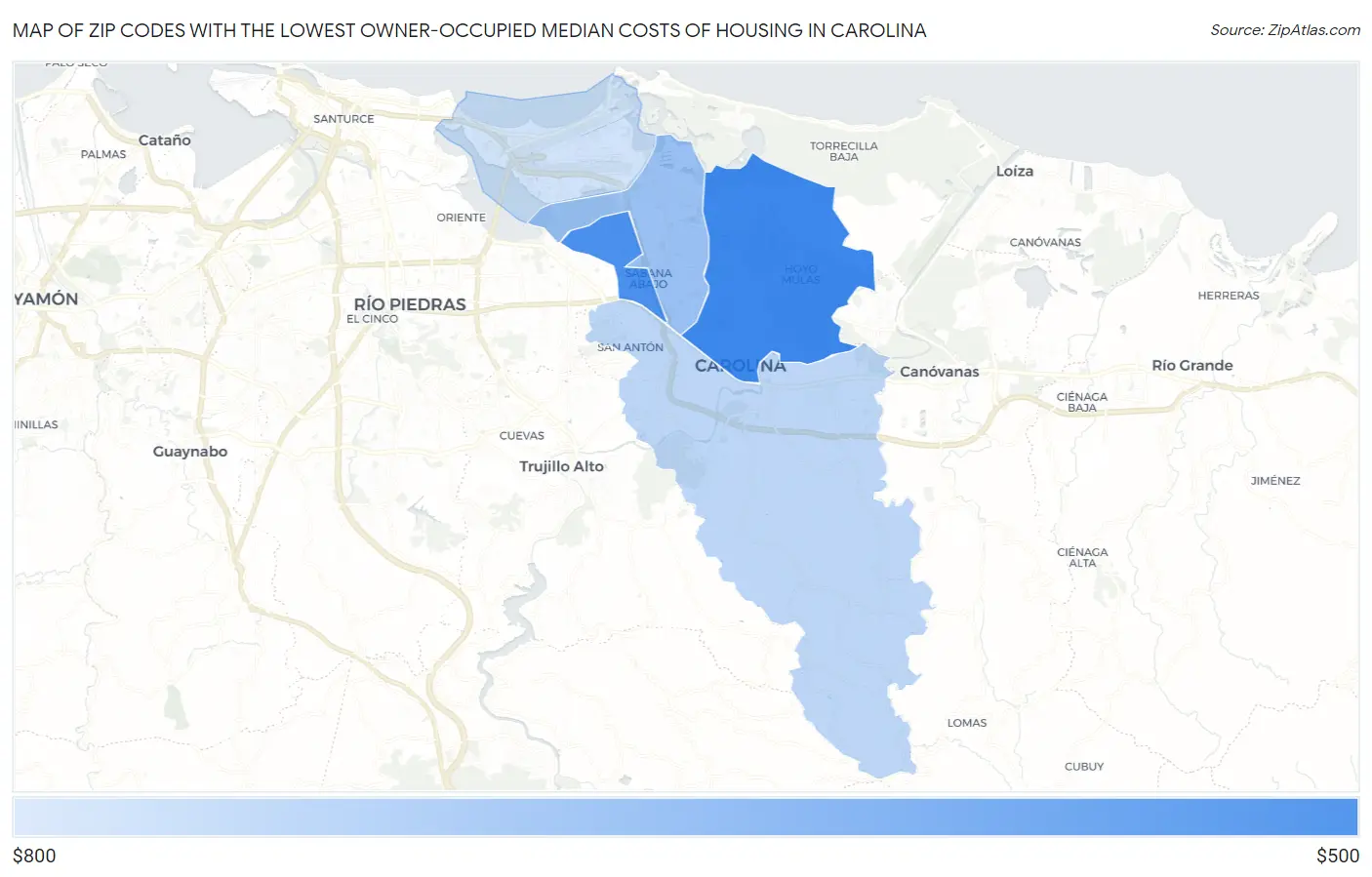 Zip Codes with the Lowest Owner-Occupied Median Costs of Housing in Carolina Map