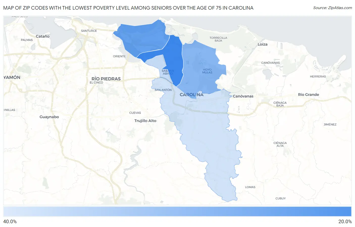 Zip Codes with the Lowest Poverty Level Among Seniors Over the Age of 75 in Carolina Map