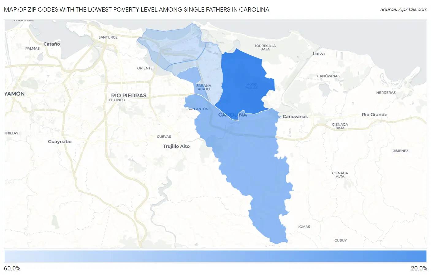 Zip Codes with the Lowest Poverty Level Among Single Fathers in Carolina Map