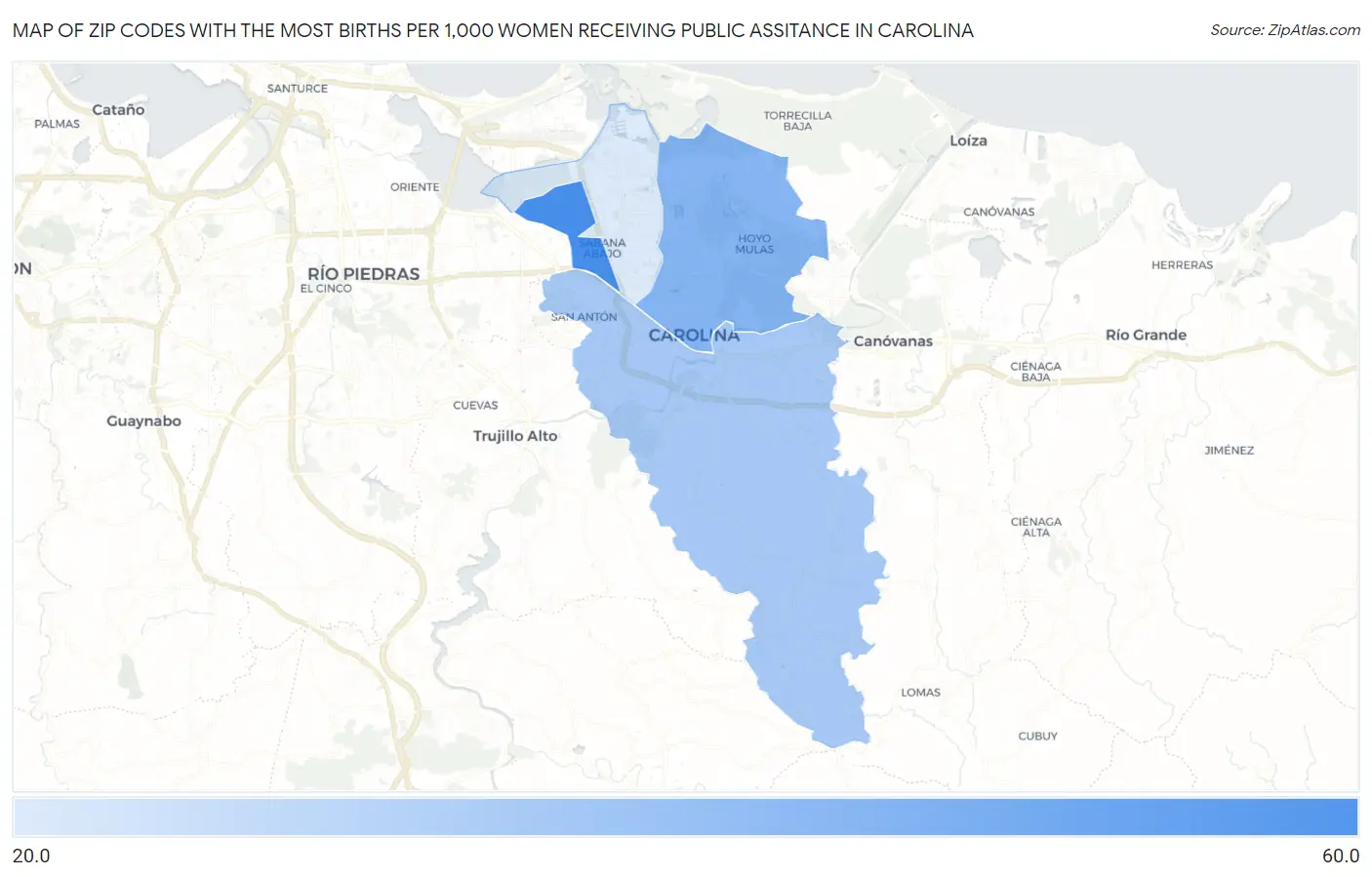 Zip Codes with the Most Births per 1,000 Women Receiving Public Assitance in Carolina Map