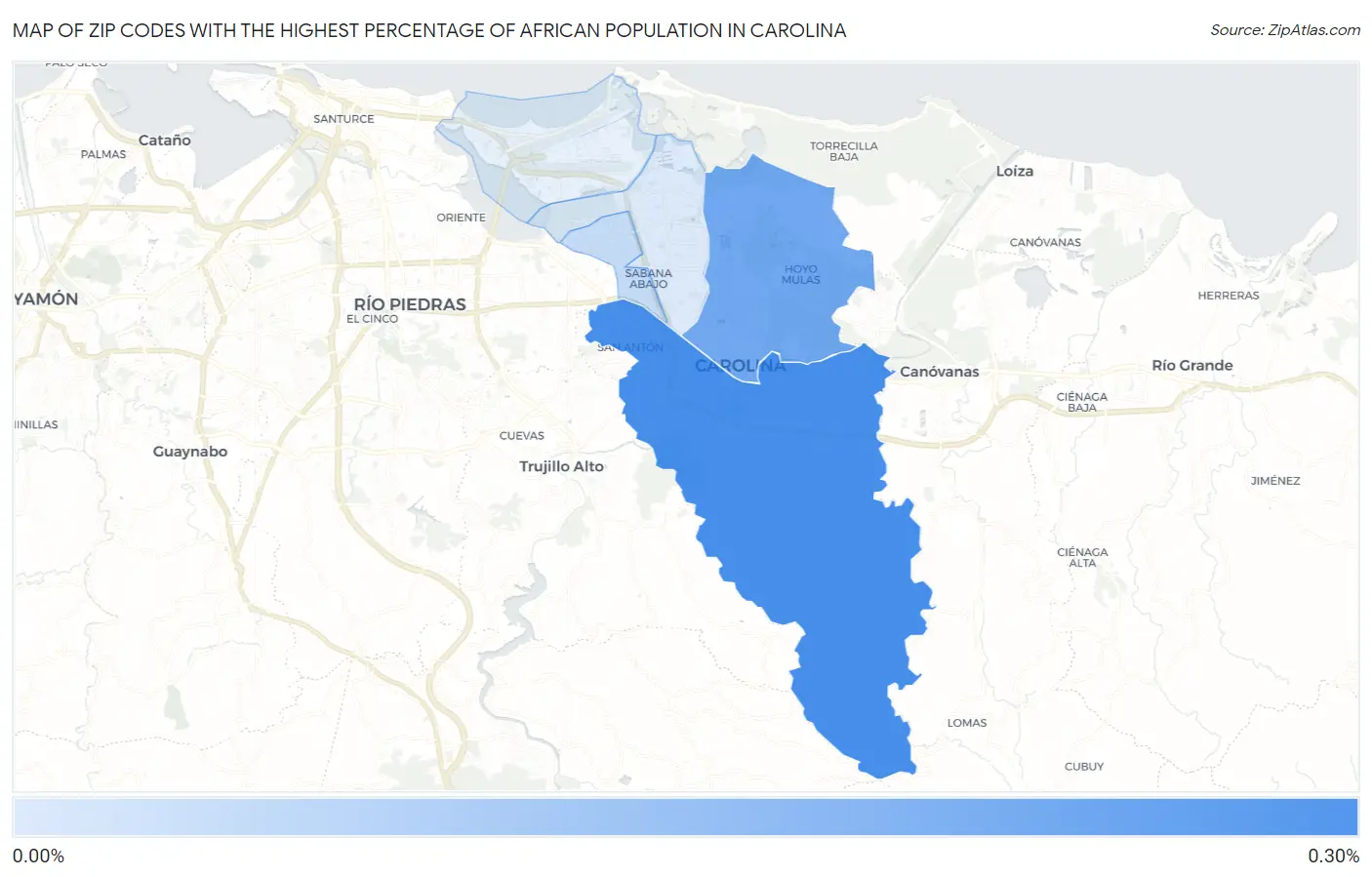 Zip Codes with the Highest Percentage of African Population in Carolina Map