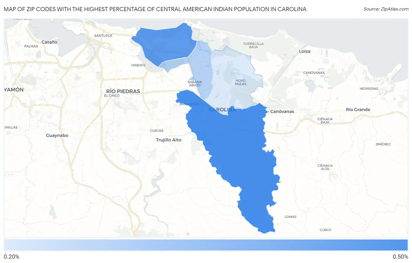 Zip Codes with the Highest Percentage of Central American Indian Population in Carolina Map