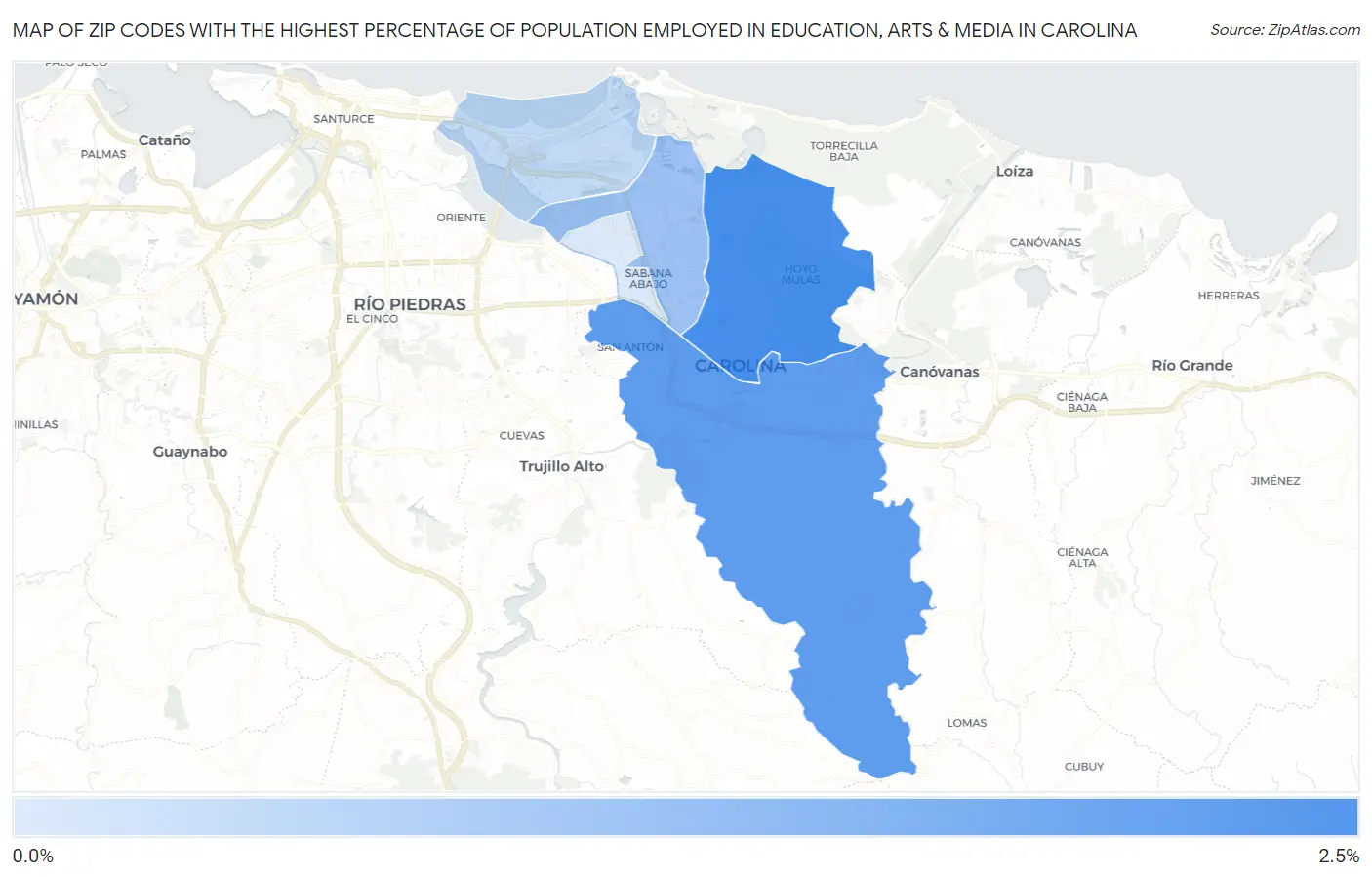 Zip Codes with the Highest Percentage of Population Employed in Education, Arts & Media in Carolina Map