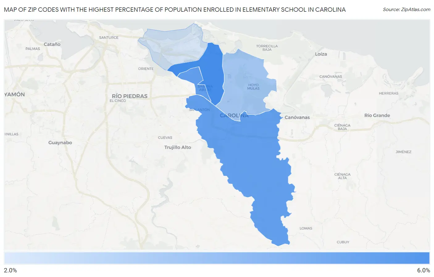 Zip Codes with the Highest Percentage of Population Enrolled in Elementary School in Carolina Map