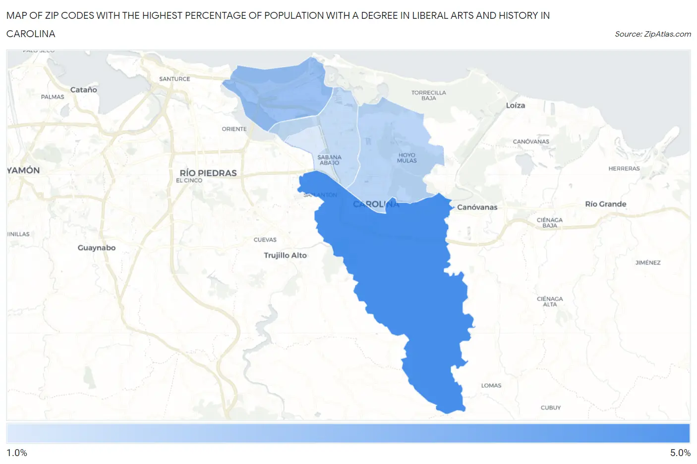 Zip Codes with the Highest Percentage of Population with a Degree in Liberal Arts and History in Carolina Map