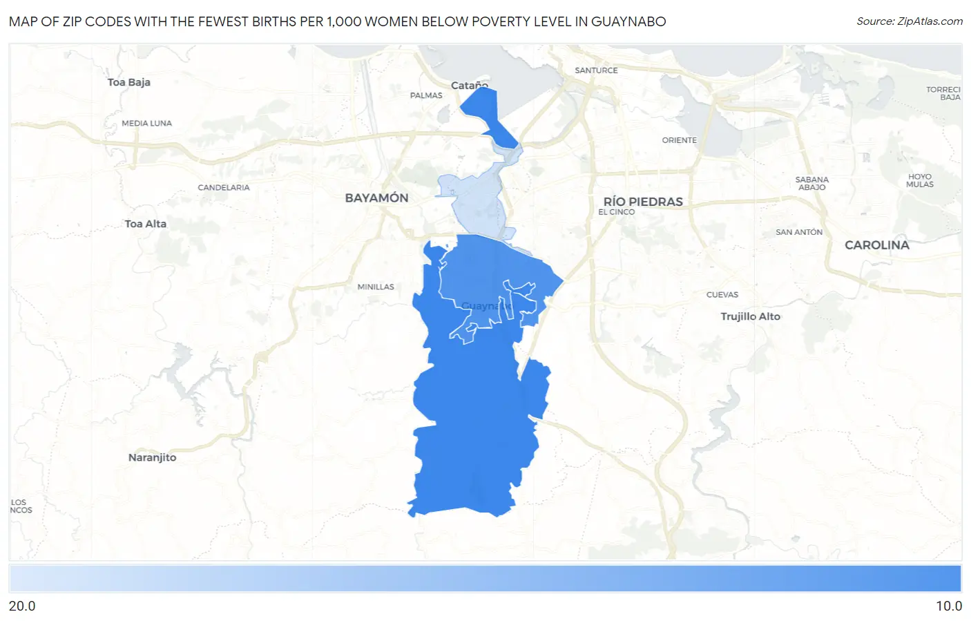 Zip Codes with the Fewest Births per 1,000 Women Below Poverty Level in Guaynabo Map