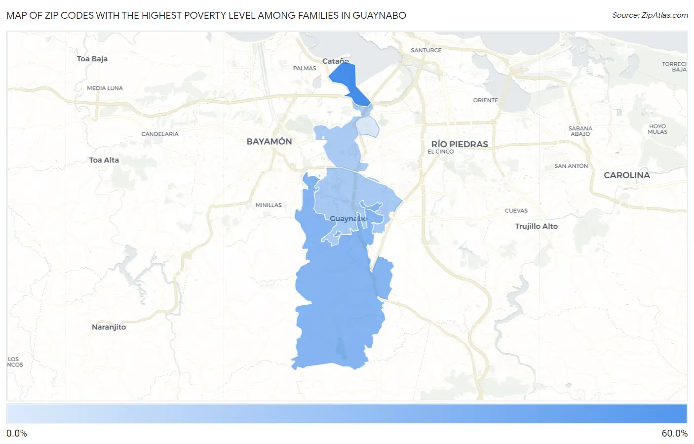 Zip Codes with the Highest Poverty Level Among Families in Guaynabo Map
