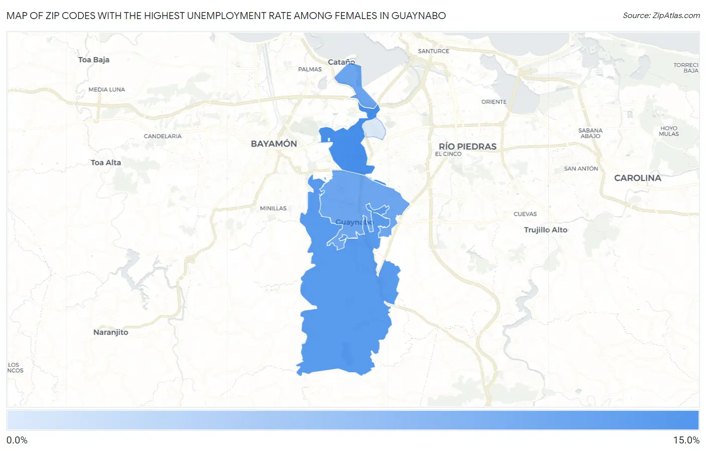 Zip Codes with the Highest Unemployment Rate Among Females in Guaynabo Map