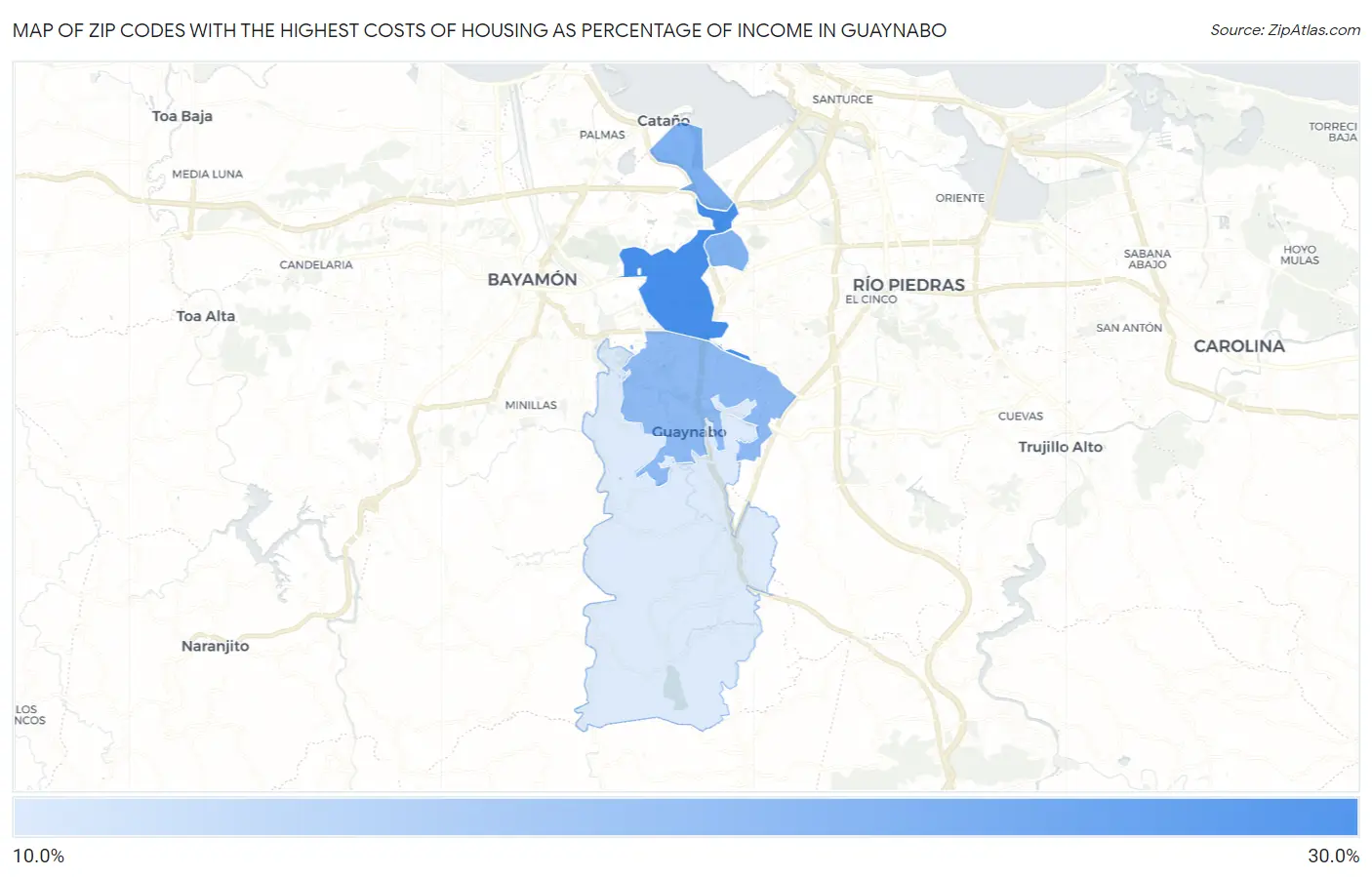 Zip Codes with the Highest Costs of Housing as Percentage of Income in Guaynabo Map