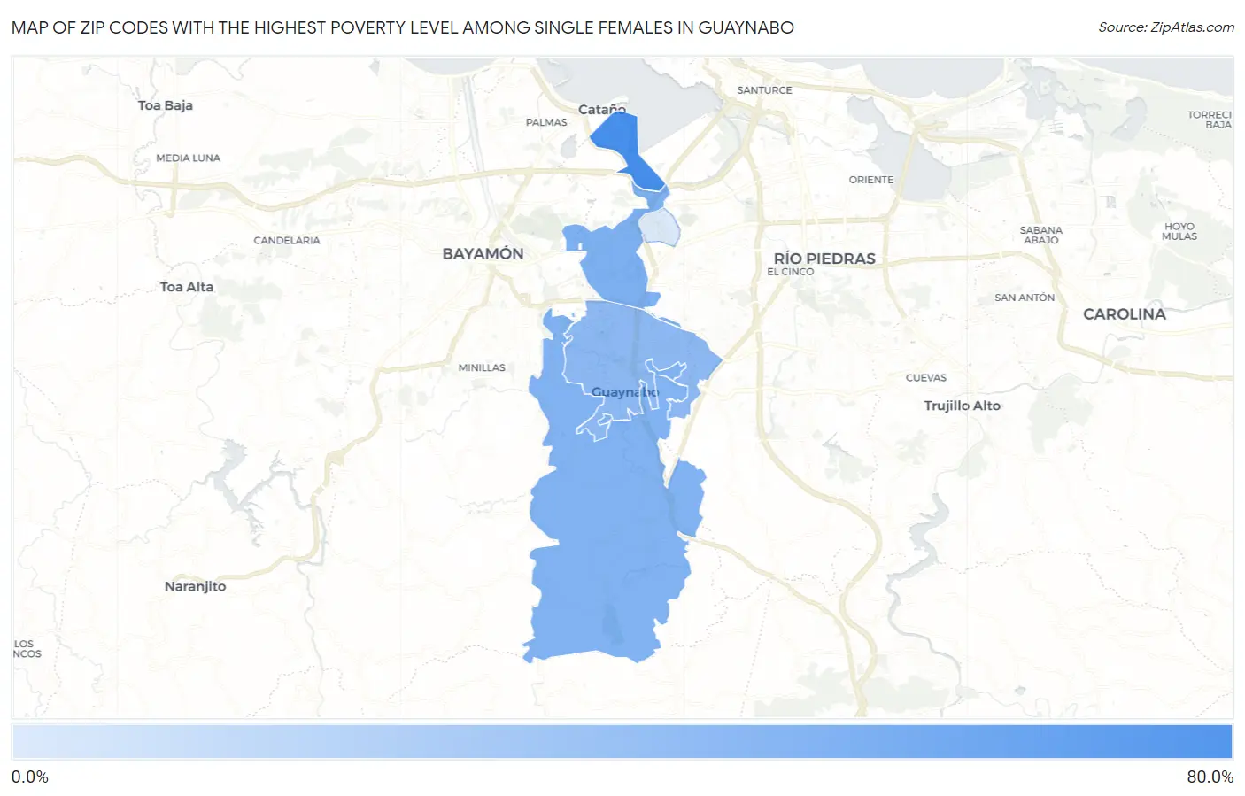 Zip Codes with the Highest Poverty Level Among Single Females in Guaynabo Map