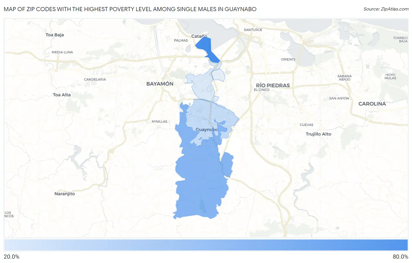 Zip Codes with the Highest Poverty Level Among Single Males in Guaynabo Map