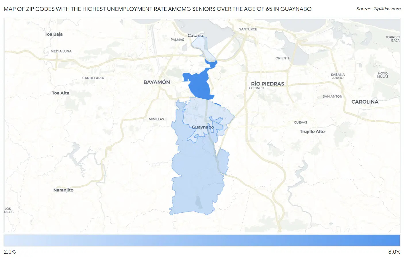 Zip Codes with the Highest Unemployment Rate Amomg Seniors Over the Age of 65 in Guaynabo Map
