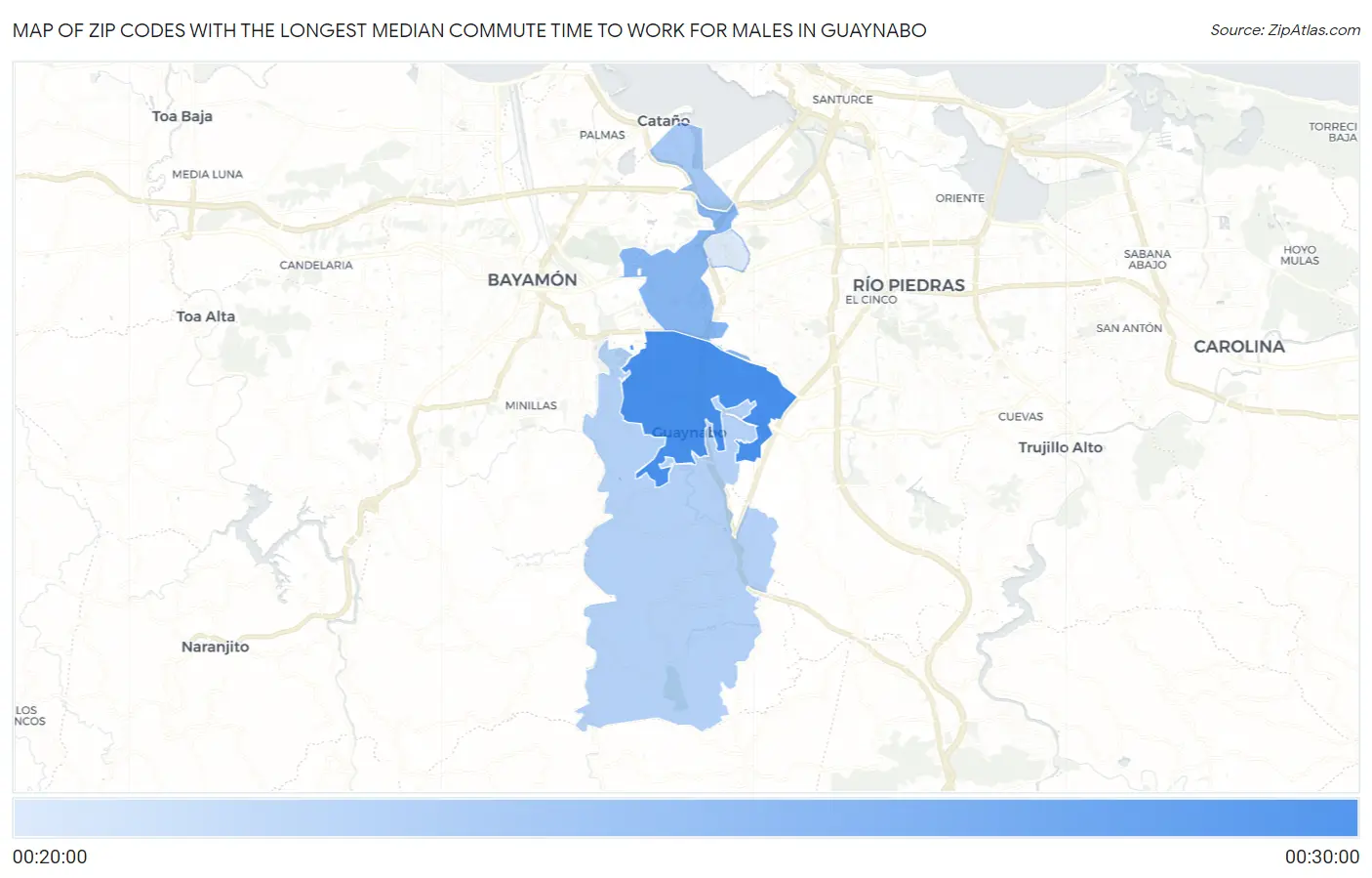 Zip Codes with the Longest Median Commute Time to Work for Males in Guaynabo Map