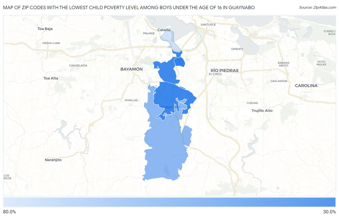 Zip Codes with the Lowest Child Poverty Level Among Boys Under the Age of 16 in Guaynabo Map