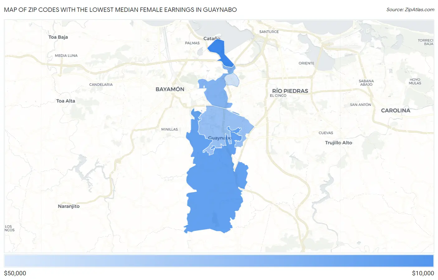 Zip Codes with the Lowest Median Female Earnings in Guaynabo Map