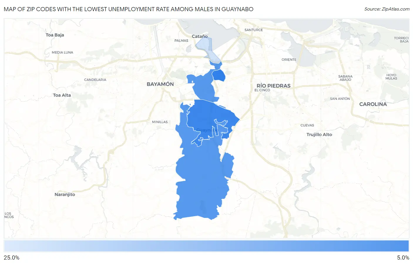 Zip Codes with the Lowest Unemployment Rate Among Males in Guaynabo Map