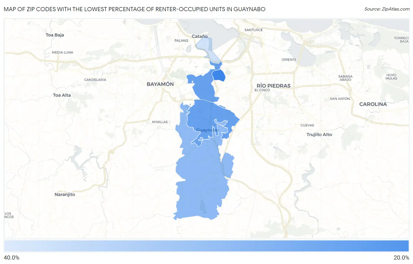 Zip Codes with the Lowest Percentage of Renter-Occupied Units in Guaynabo Map