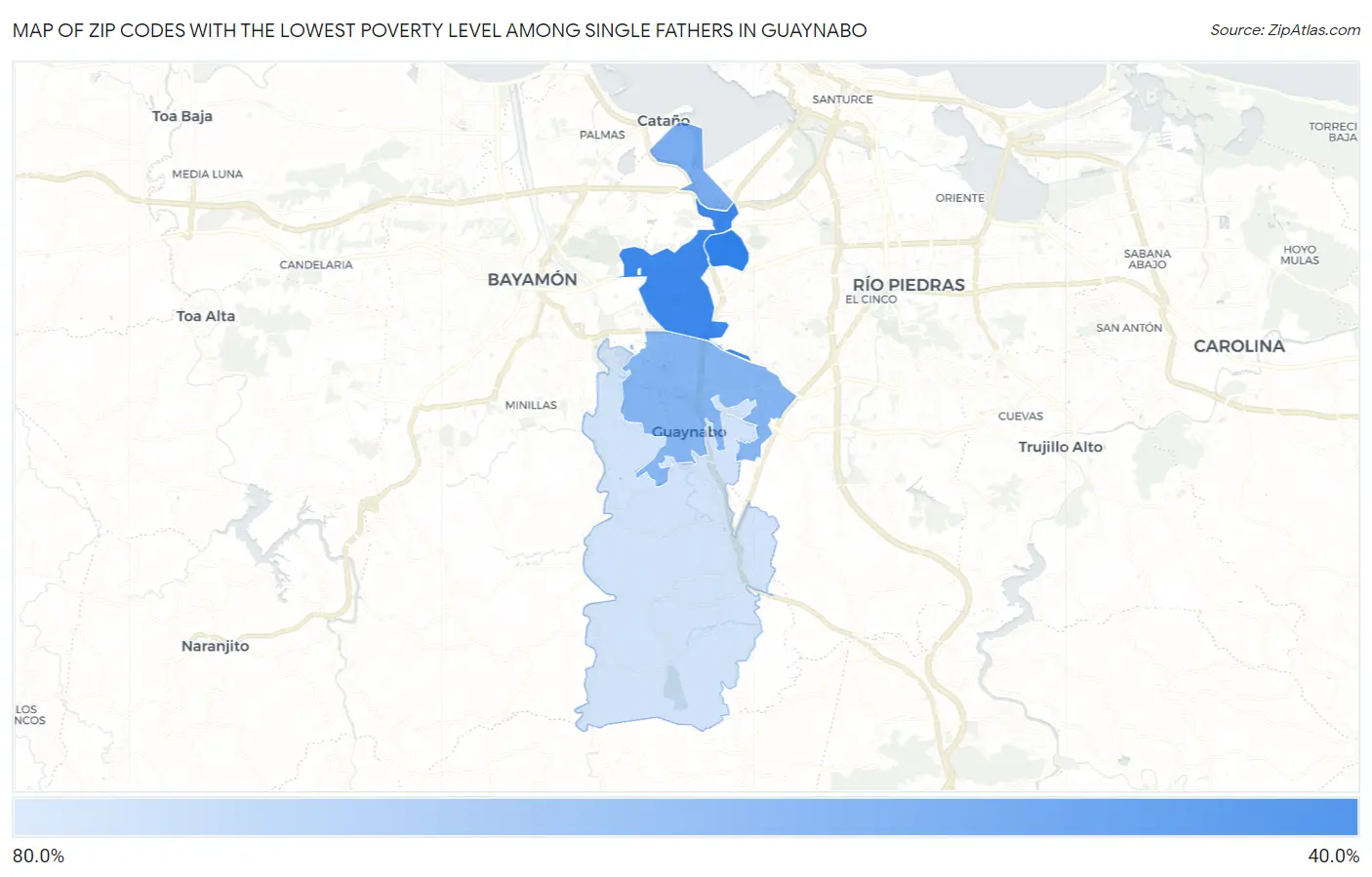Zip Codes with the Lowest Poverty Level Among Single Fathers in Guaynabo Map
