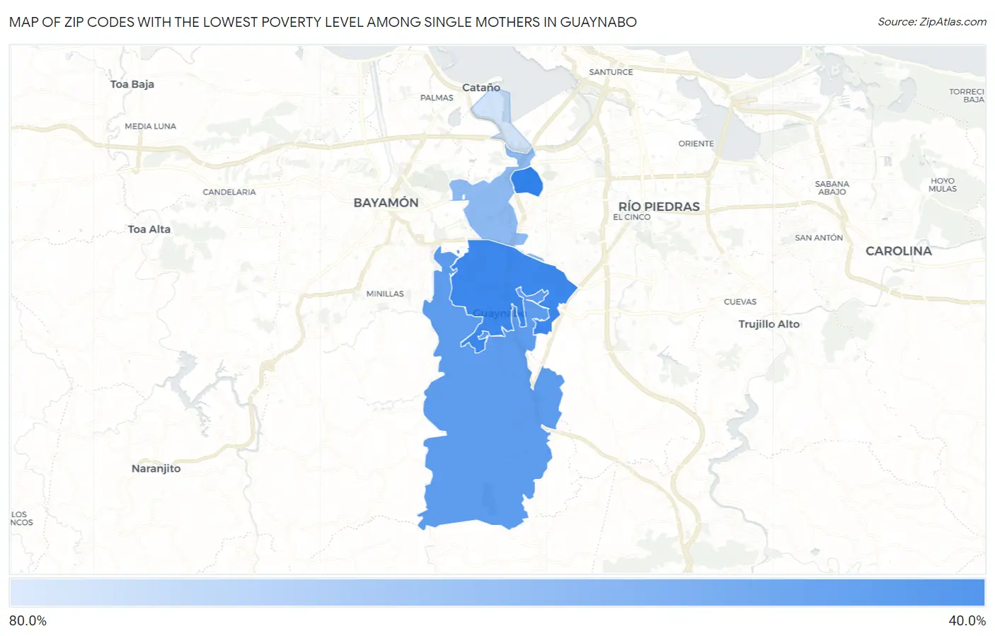 Zip Codes with the Lowest Poverty Level Among Single Mothers in Guaynabo Map