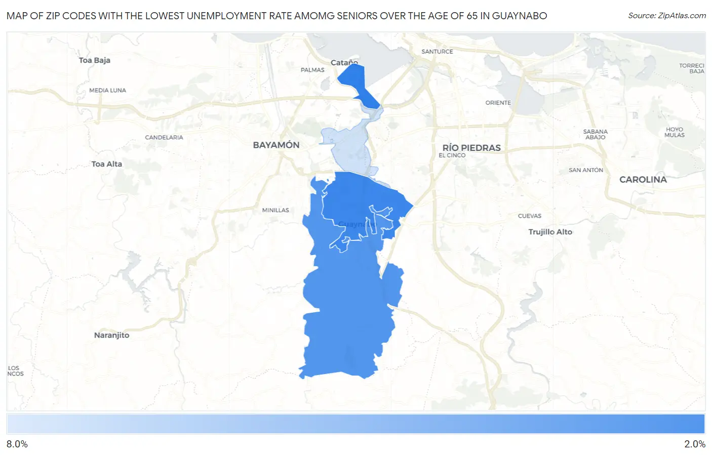 Zip Codes with the Lowest Unemployment Rate Amomg Seniors Over the Age of 65 in Guaynabo Map