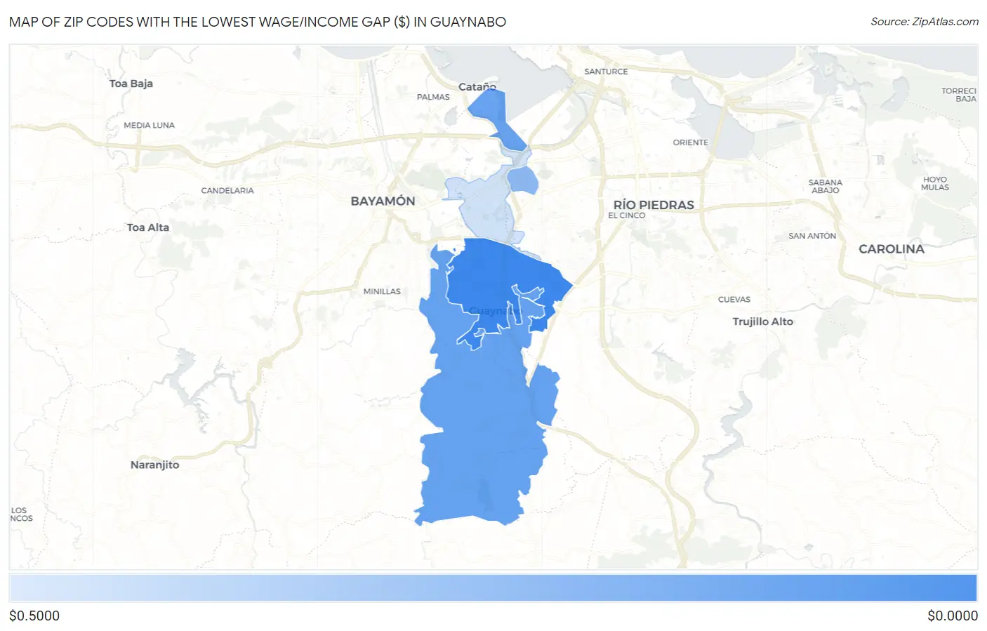 Zip Codes with the Lowest Wage/Income Gap ($) in Guaynabo Map