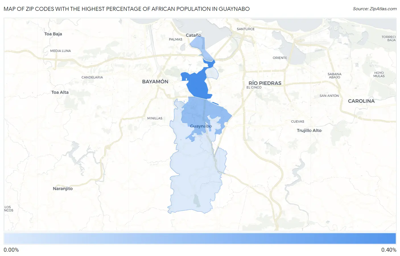 Zip Codes with the Highest Percentage of African Population in Guaynabo Map