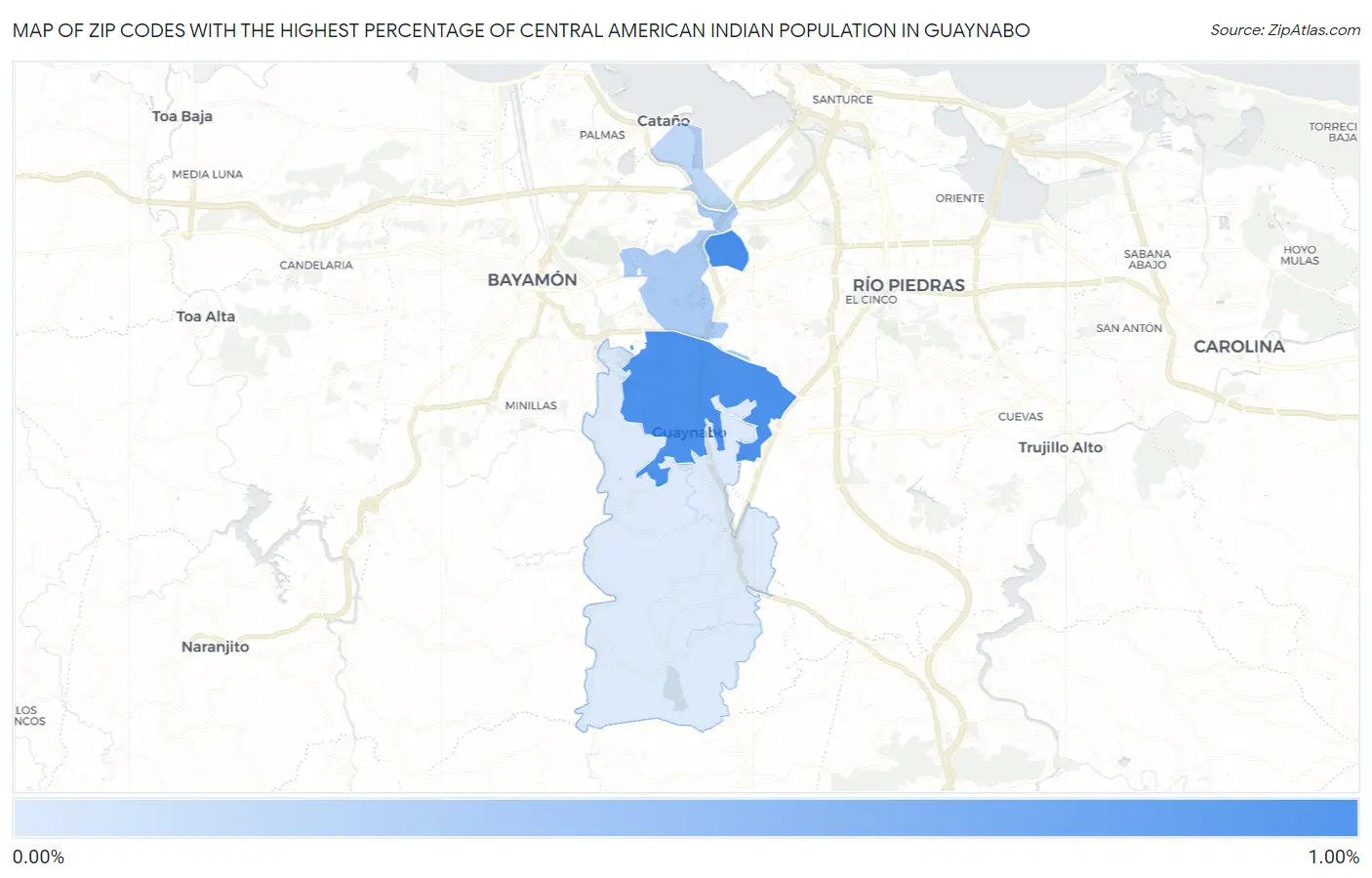 Zip Codes with the Highest Percentage of Central American Indian Population in Guaynabo Map