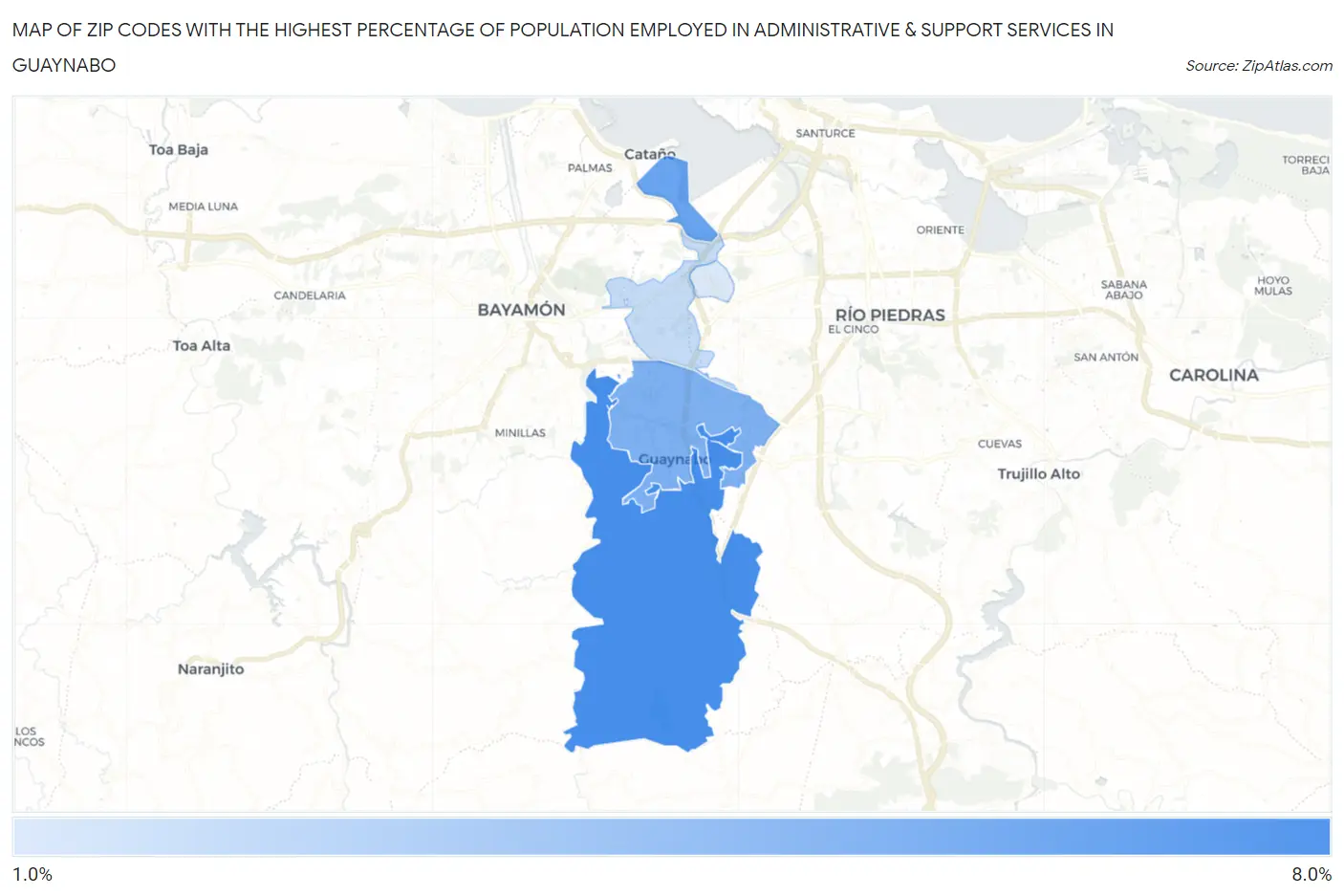 Zip Codes with the Highest Percentage of Population Employed in Administrative & Support Services in Guaynabo Map