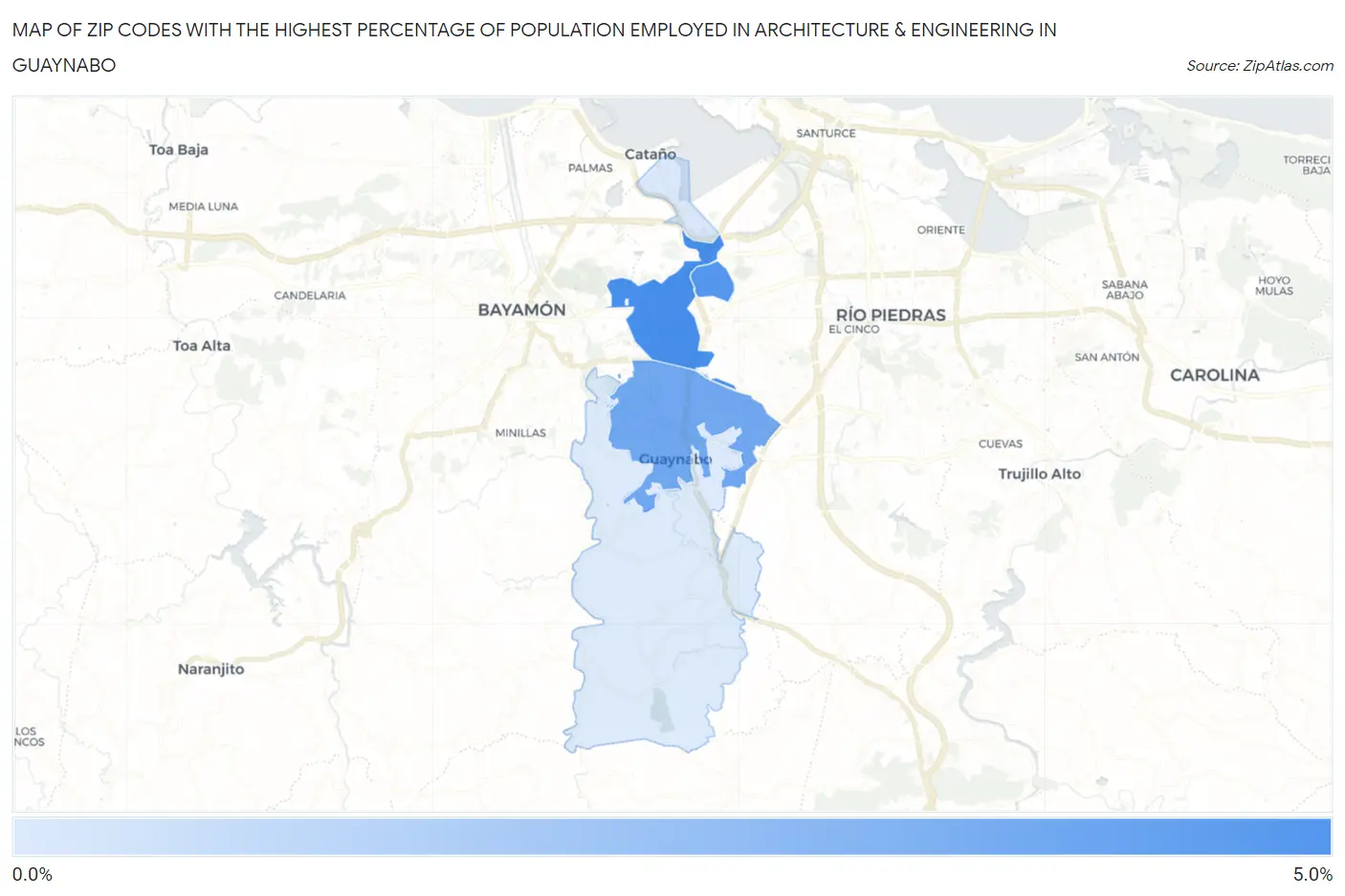 Zip Codes with the Highest Percentage of Population Employed in Architecture & Engineering in Guaynabo Map