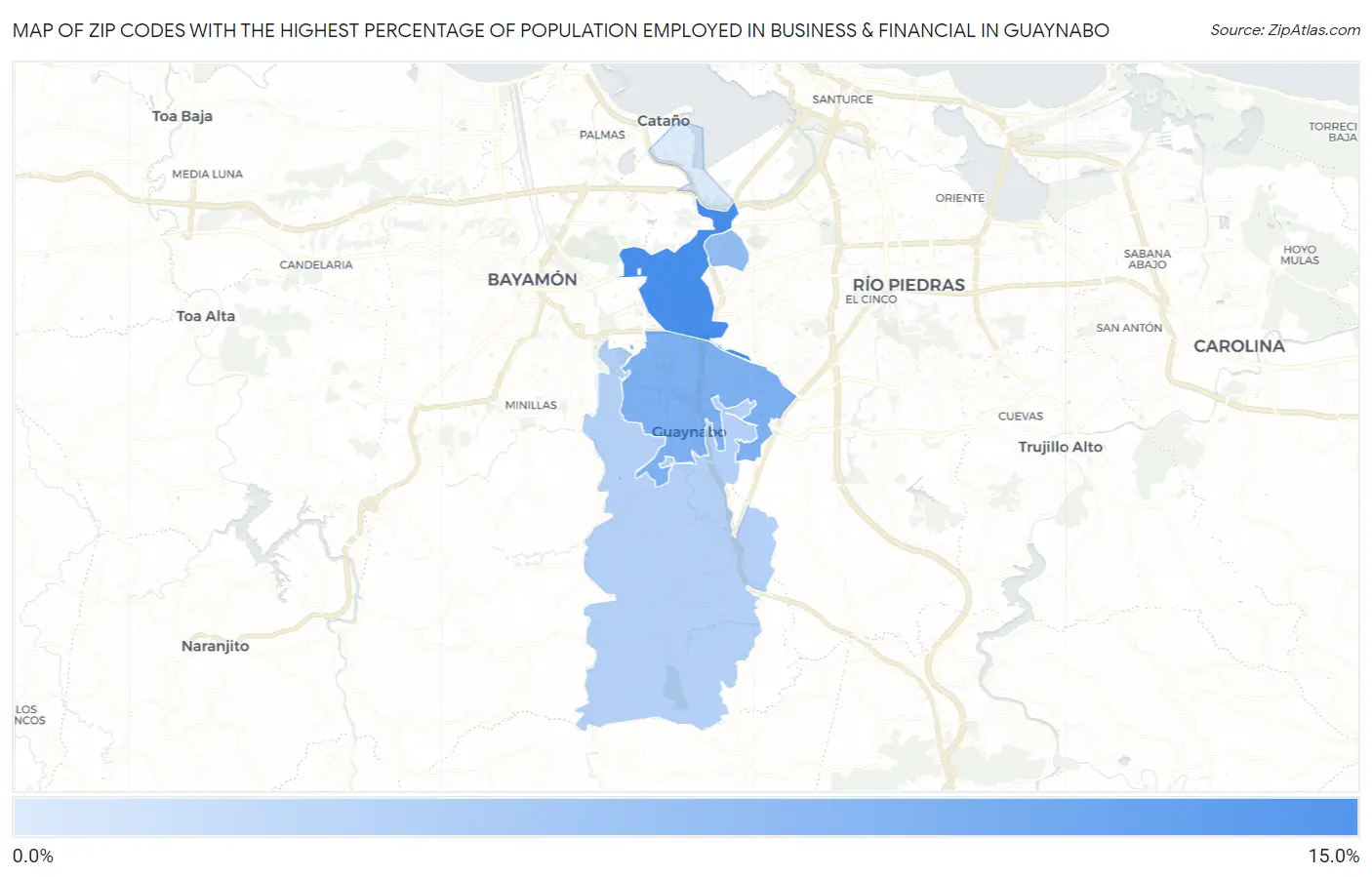 Zip Codes with the Highest Percentage of Population Employed in Business & Financial in Guaynabo Map