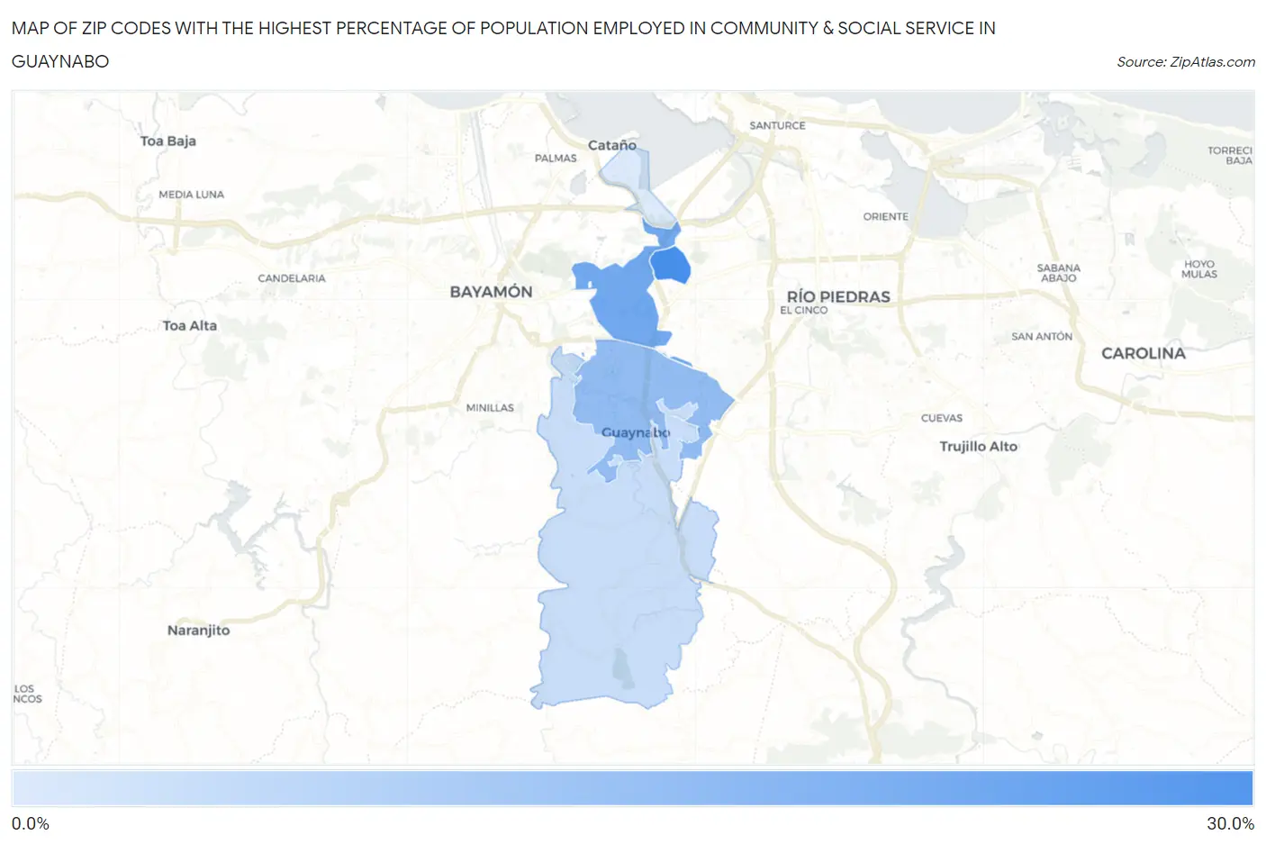 Zip Codes with the Highest Percentage of Population Employed in Community & Social Service  in Guaynabo Map