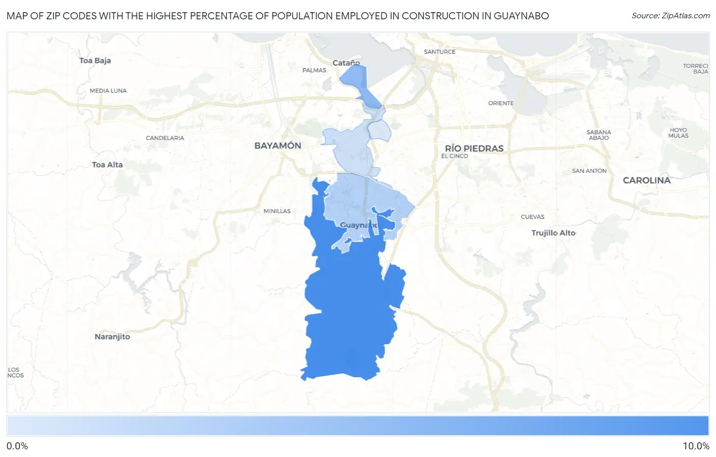 Zip Codes with the Highest Percentage of Population Employed in Construction in Guaynabo Map