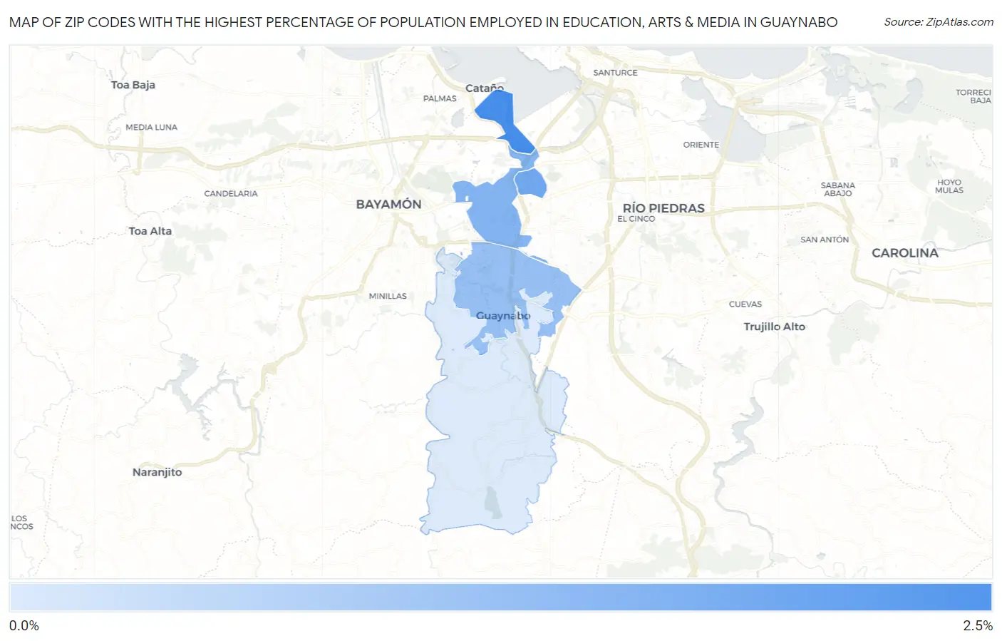 Zip Codes with the Highest Percentage of Population Employed in Education, Arts & Media in Guaynabo Map