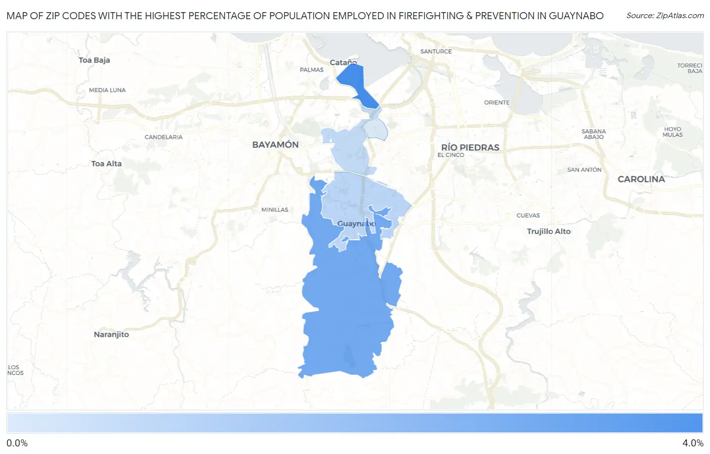 Zip Codes with the Highest Percentage of Population Employed in Firefighting & Prevention in Guaynabo Map