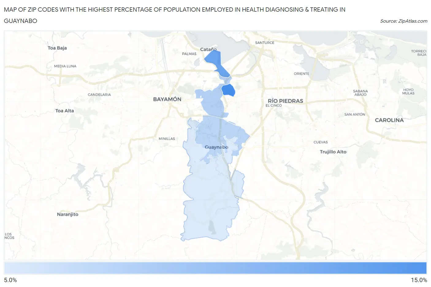 Zip Codes with the Highest Percentage of Population Employed in Health Diagnosing & Treating in Guaynabo Map